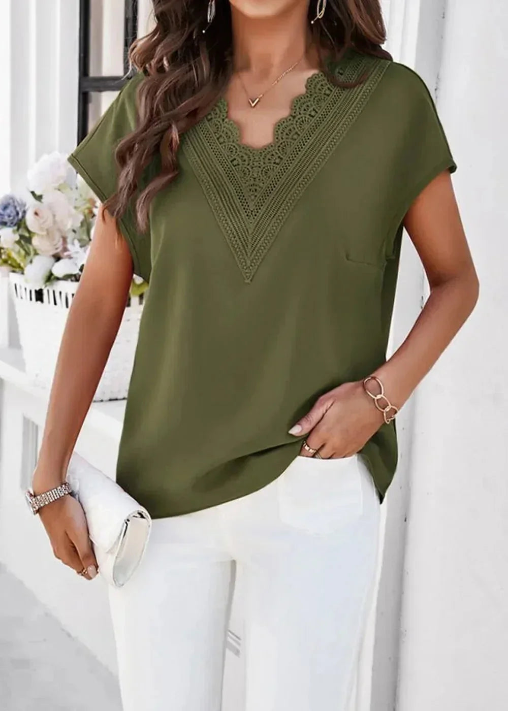 Pink V-neck short sleeve casual shirt