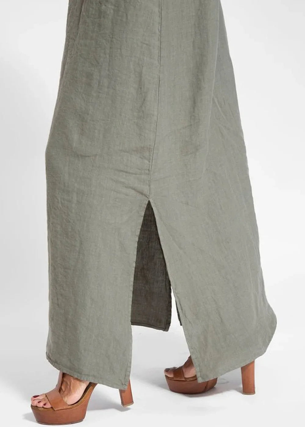 White casual cotton linen slit suspender dress