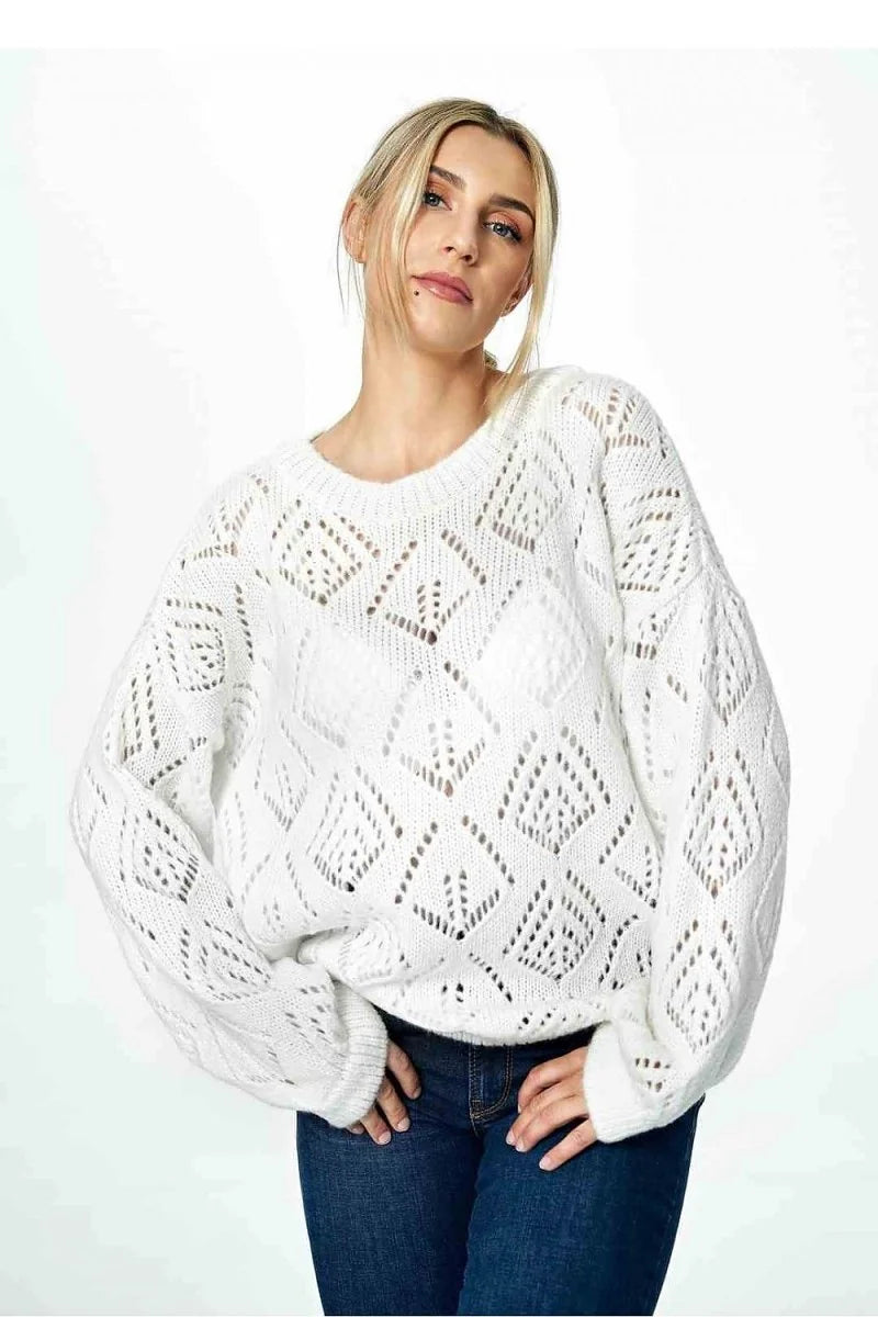Violet openwork sweater with half round neckline