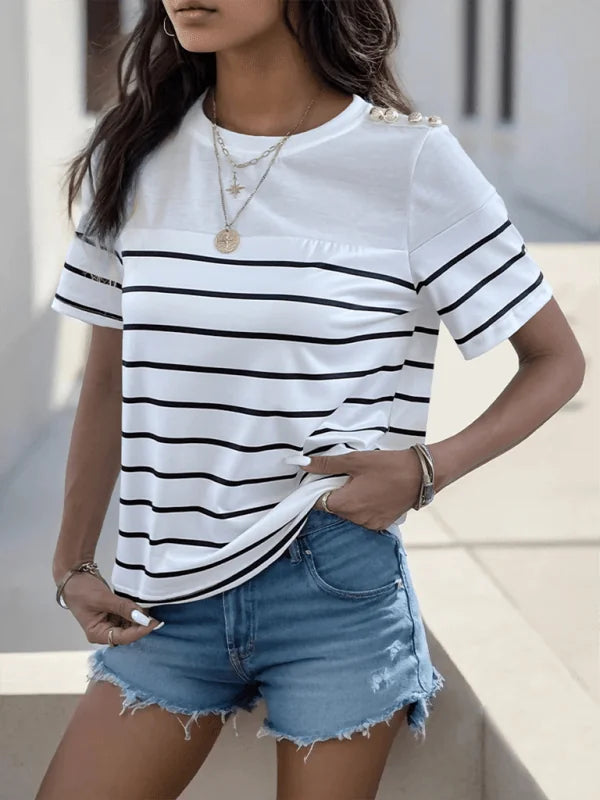 White t-shirt with short sleeves and stripe pattern