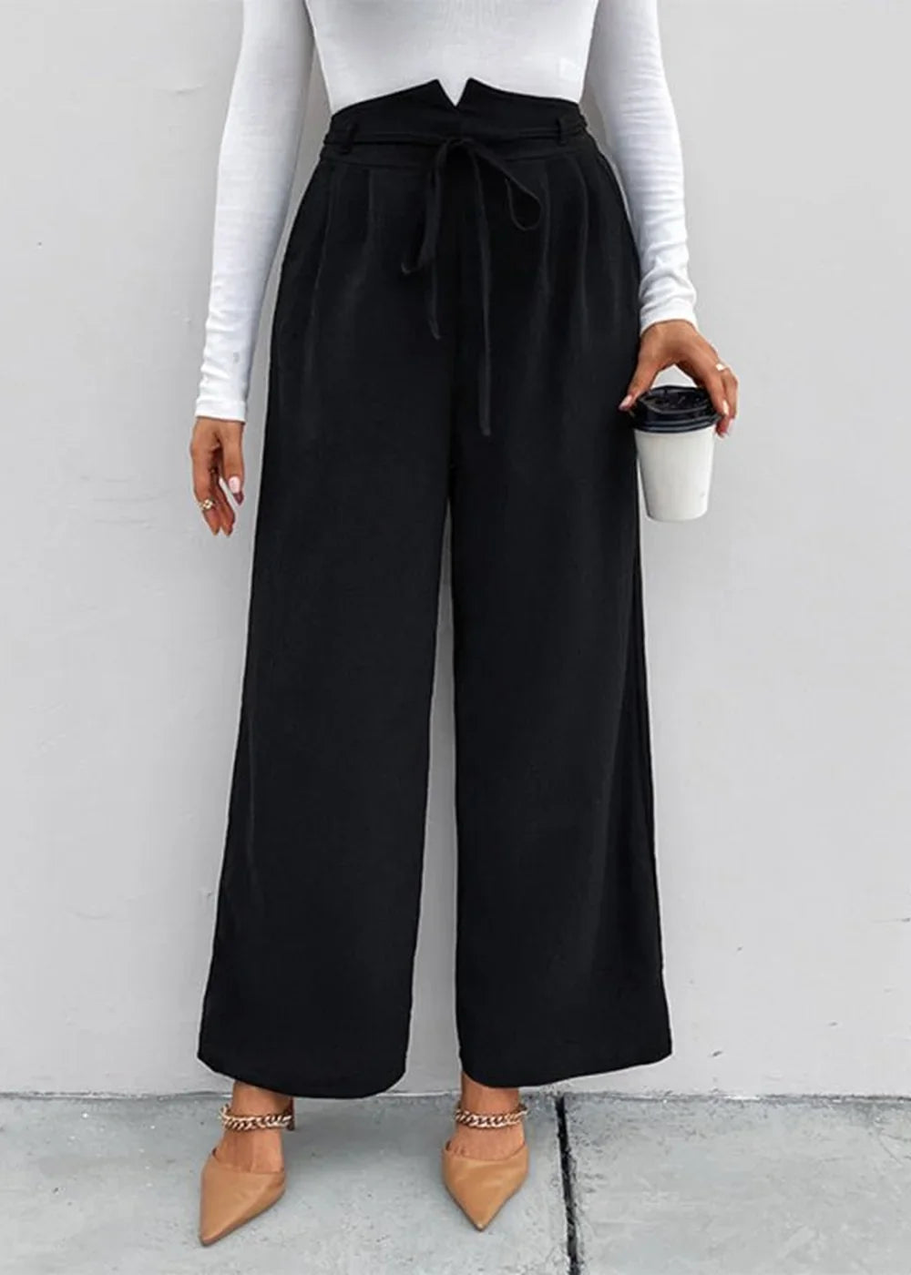 Black women's loose wide leg long pants with elastic waistband