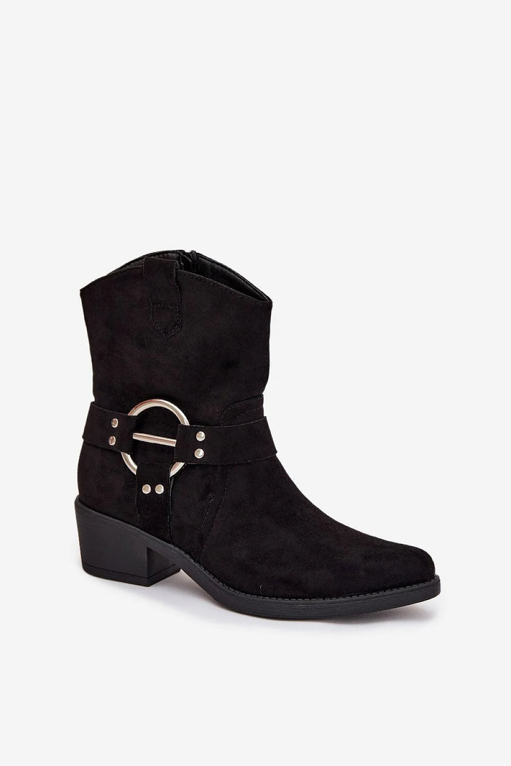 Black faux suede cowboy boot with a silver ring harness detail and a block heel.