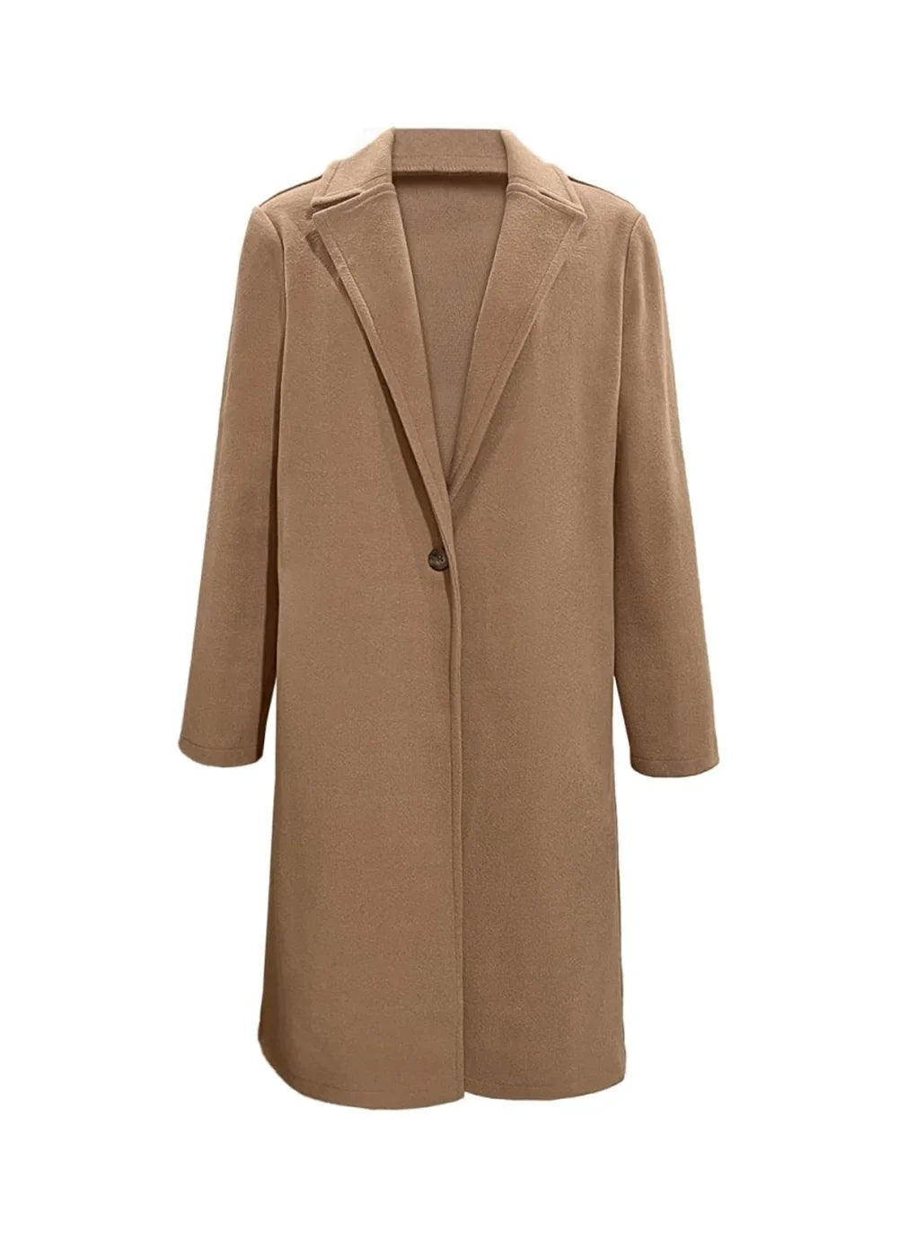 Tan single-button long coat with a classic collar, shown on a white background.