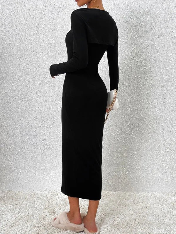 Black long sleeve midi dress with a bolero overlay, shown from the back.