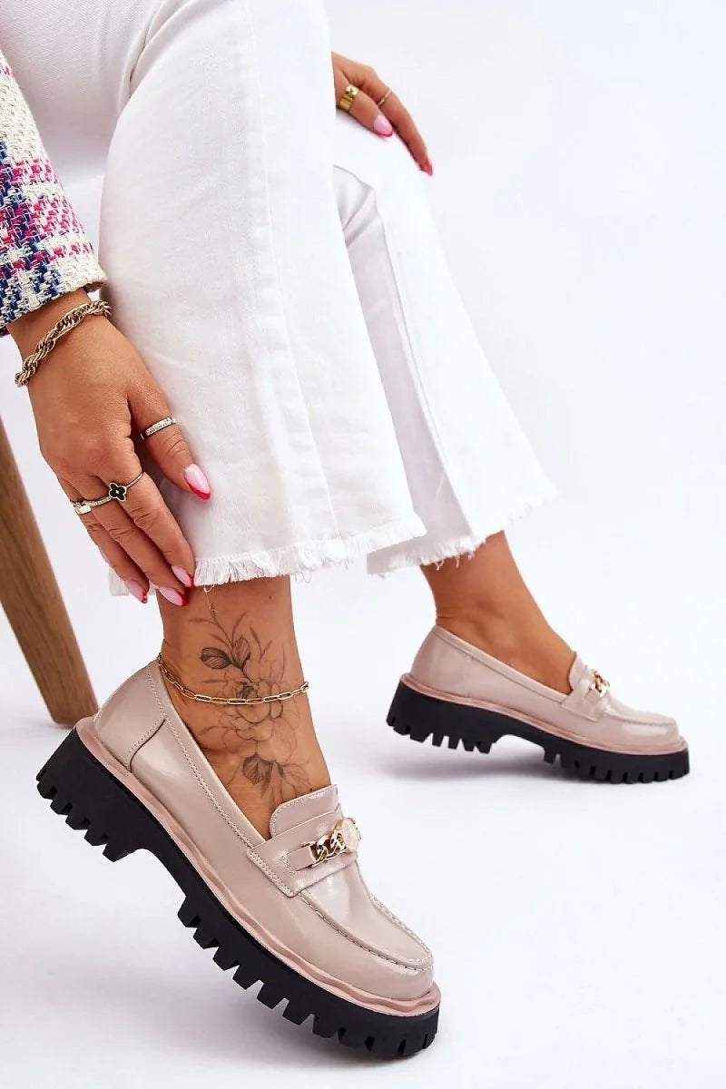 Beige Grey Eco Leather Moccasins with Chain Detail
