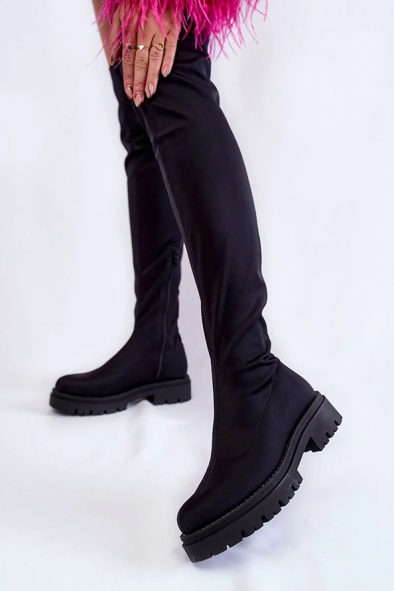 Textile Thigh-High Boots with Zipper and Platform