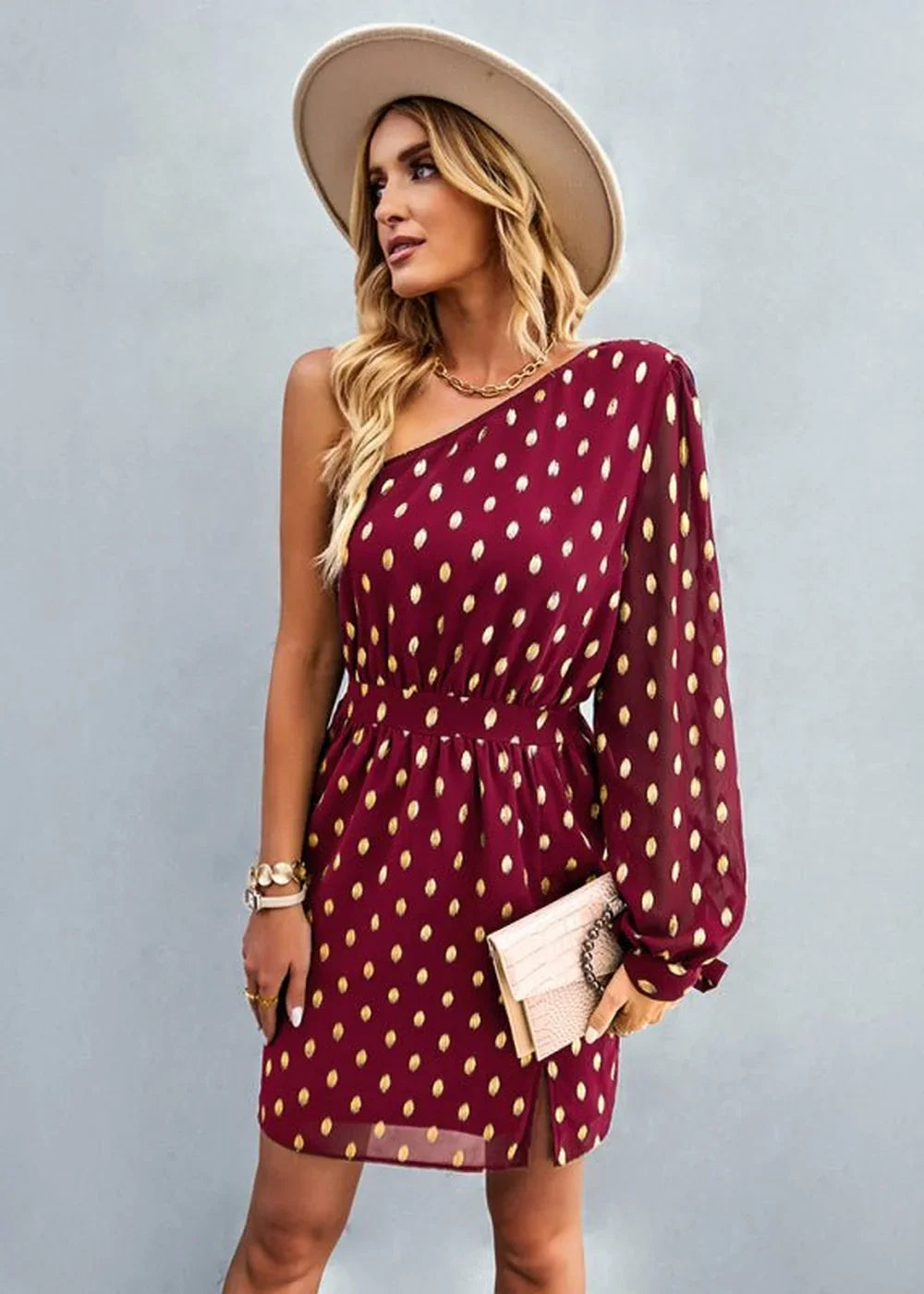Pink diagonal shoulder A-line dress