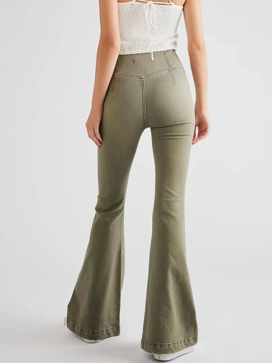 Moss green flare jeans with a high waist and fitted silhouette, shown from the back.