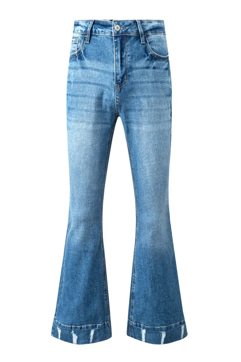 Close-up of pocket on bootcut jeans