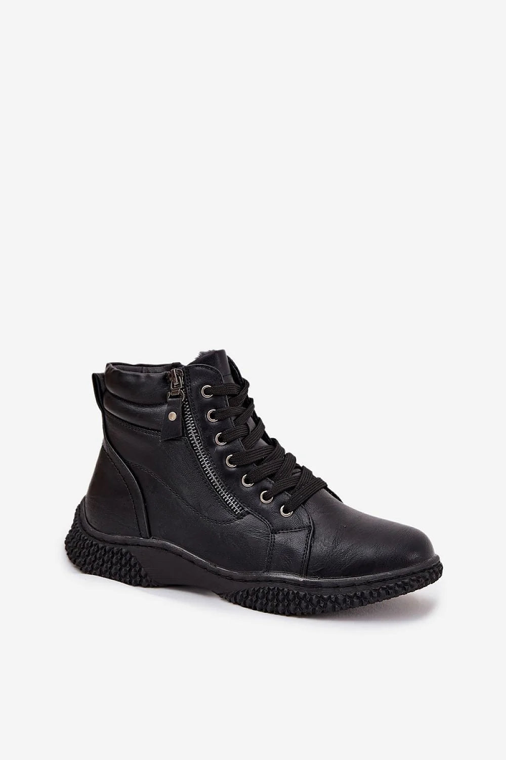 Black leather lace-up combat boot with side zipper and textured sole