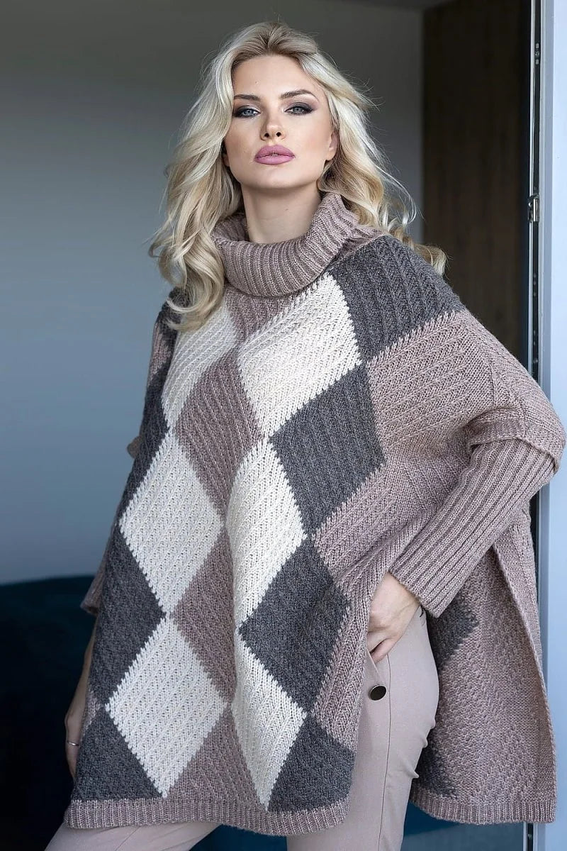 Argyle knit poncho with a cowl neck in shades of brown, cream, and grey, worn by a model.