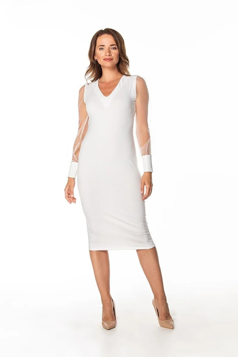 White V-neck dress with sheer long sleeves and a form-fitting silhouette.