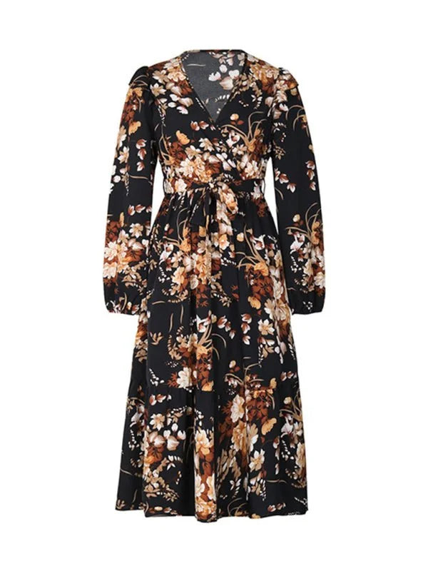 Black long-sleeve midi dress with a vintage floral print and tie waist.