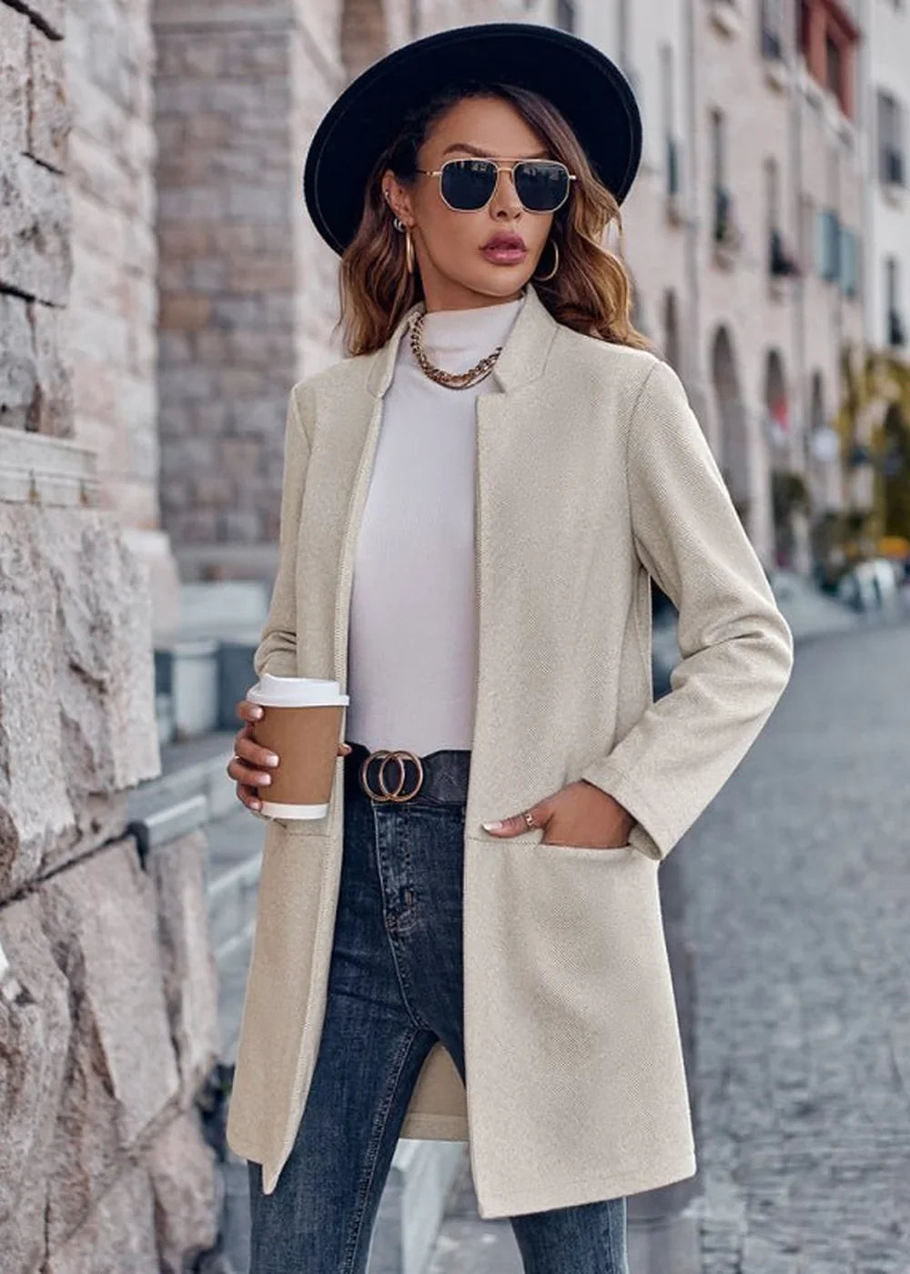 Black stand collar mid-size jacket coat