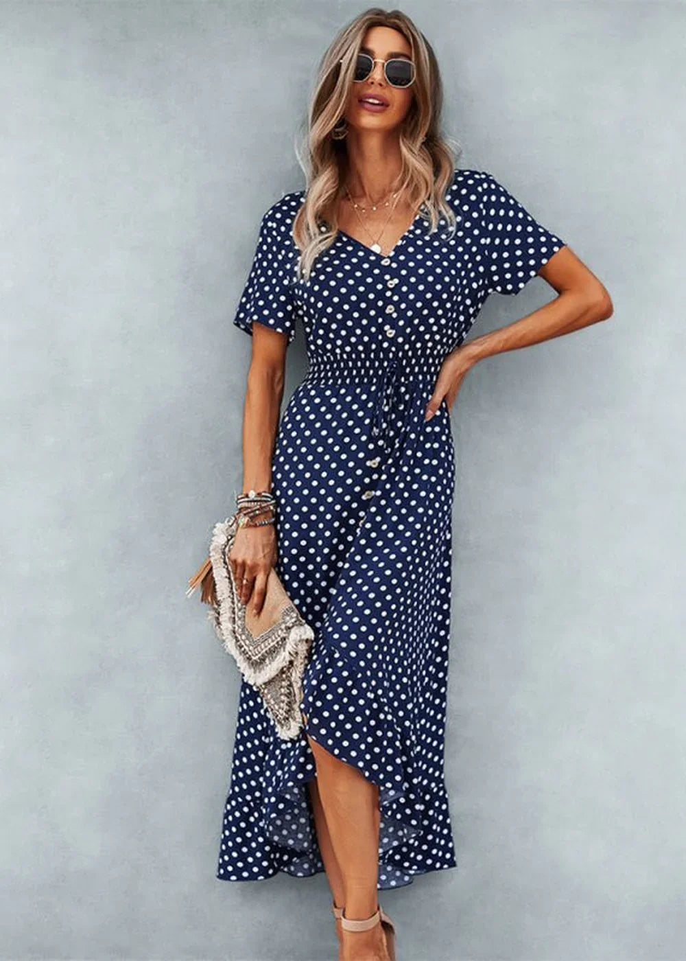 Close-up of polka dot pattern on dress