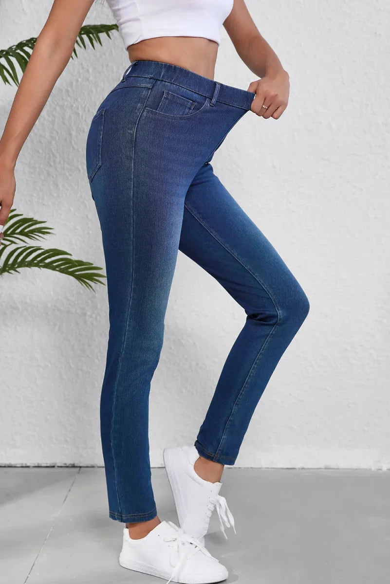 Close-up of pocket detail on skinny jeans