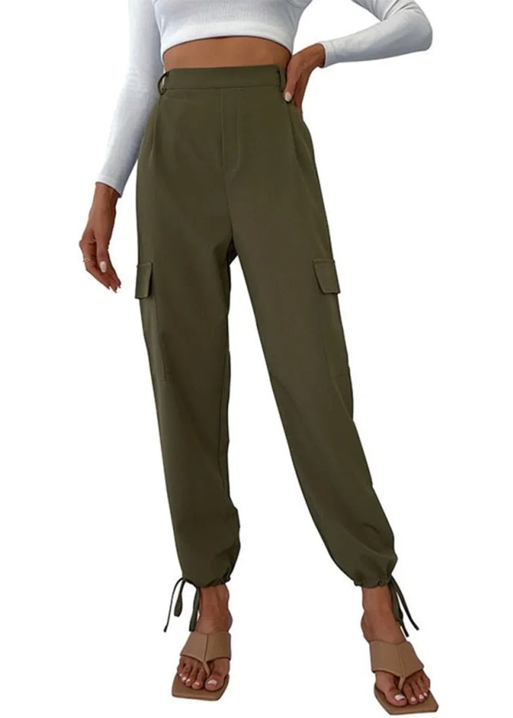 Khaki cargo pants with drawstring ankles on a model.