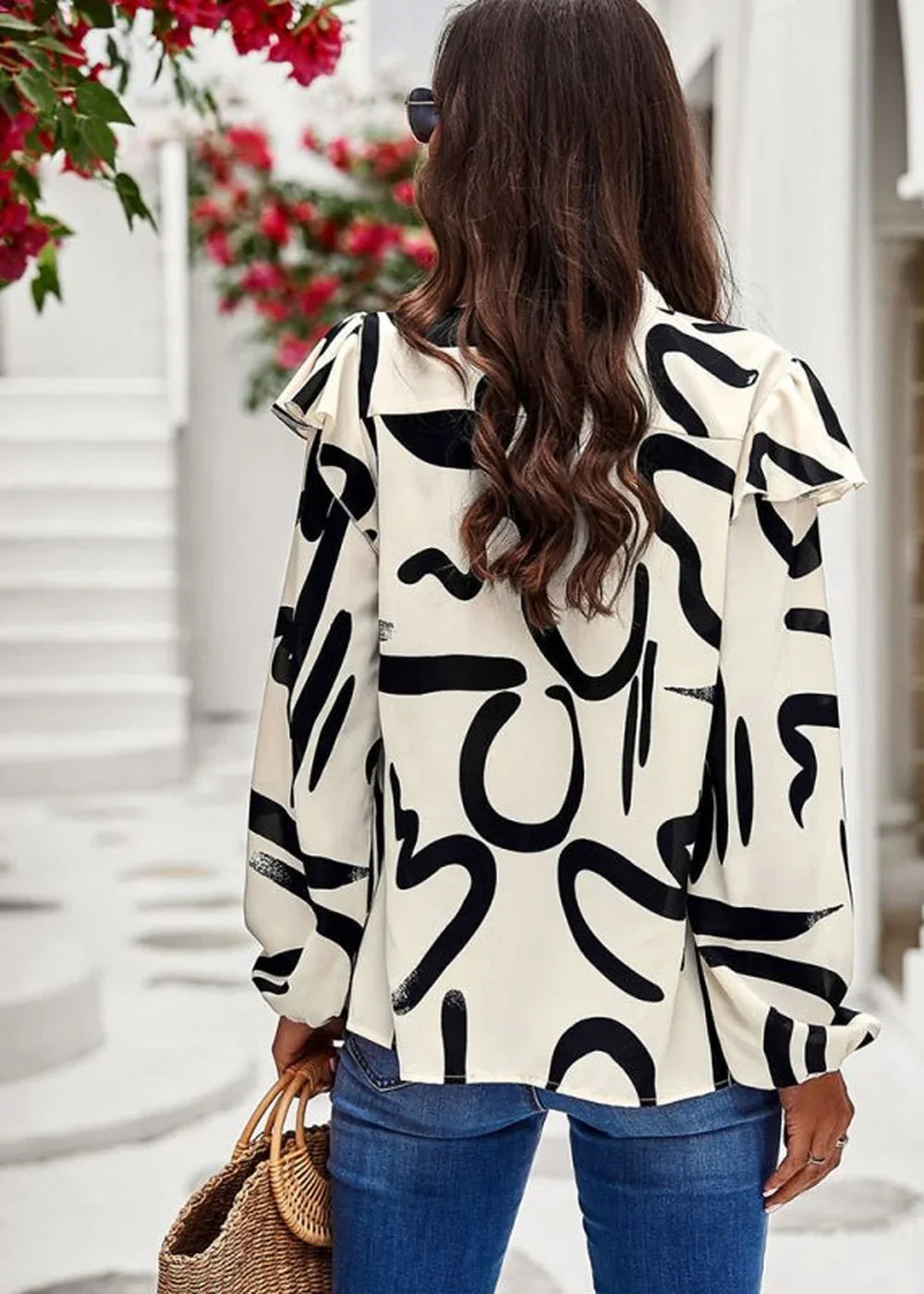Floral print long sleeve shirt top in grey