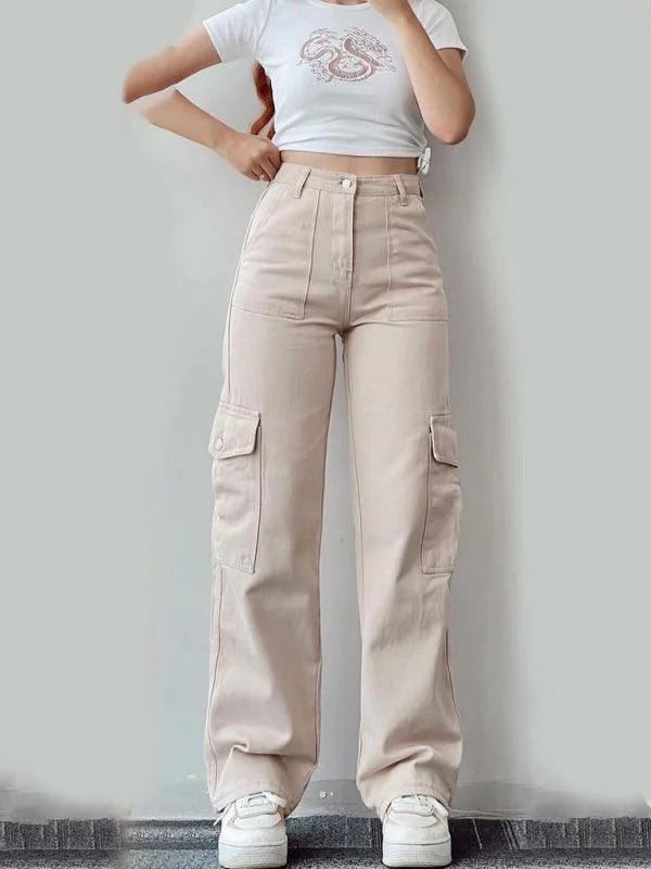 Khaki casual trousers with pockets and waist cinch