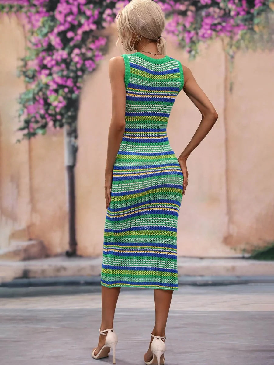 Green, blue, and yellow striped knit dress with a regular fit, shown from the back on a model.