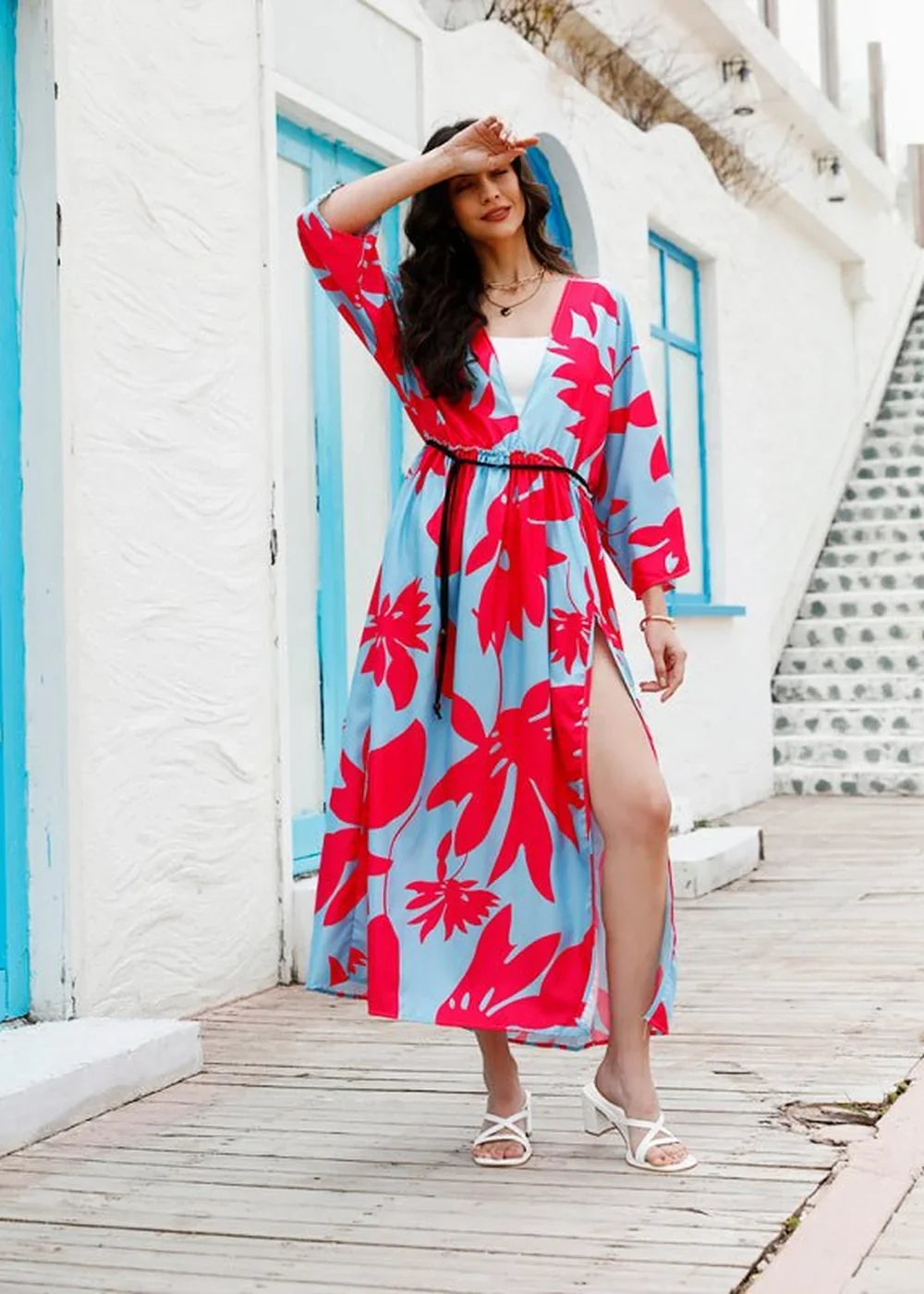 Golden yellow floral print V-neck dress