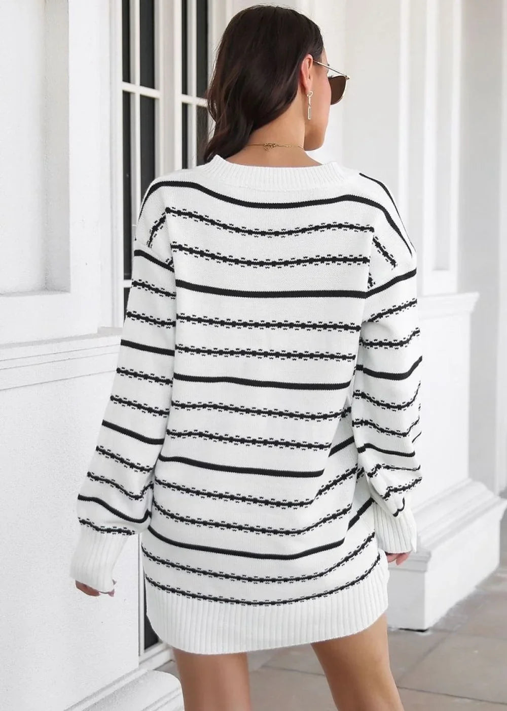 Black striped V-neck mini sweater dress