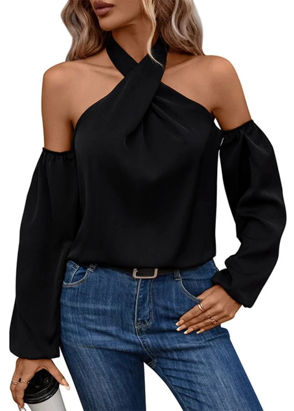 Women's black long sleeve top