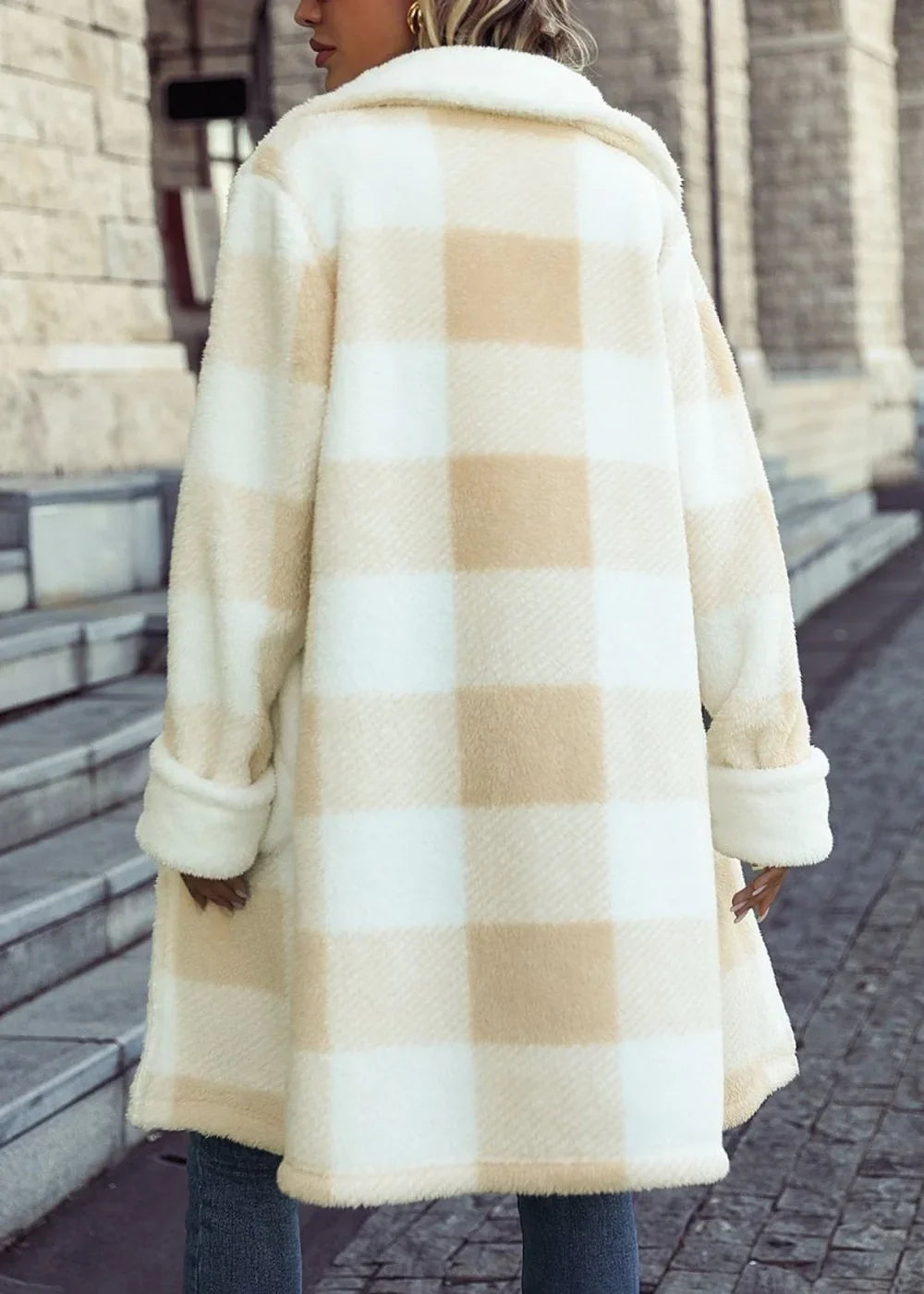 Cozy cream and tan plaid plush coat with cuffed sleeves, shown from the back.