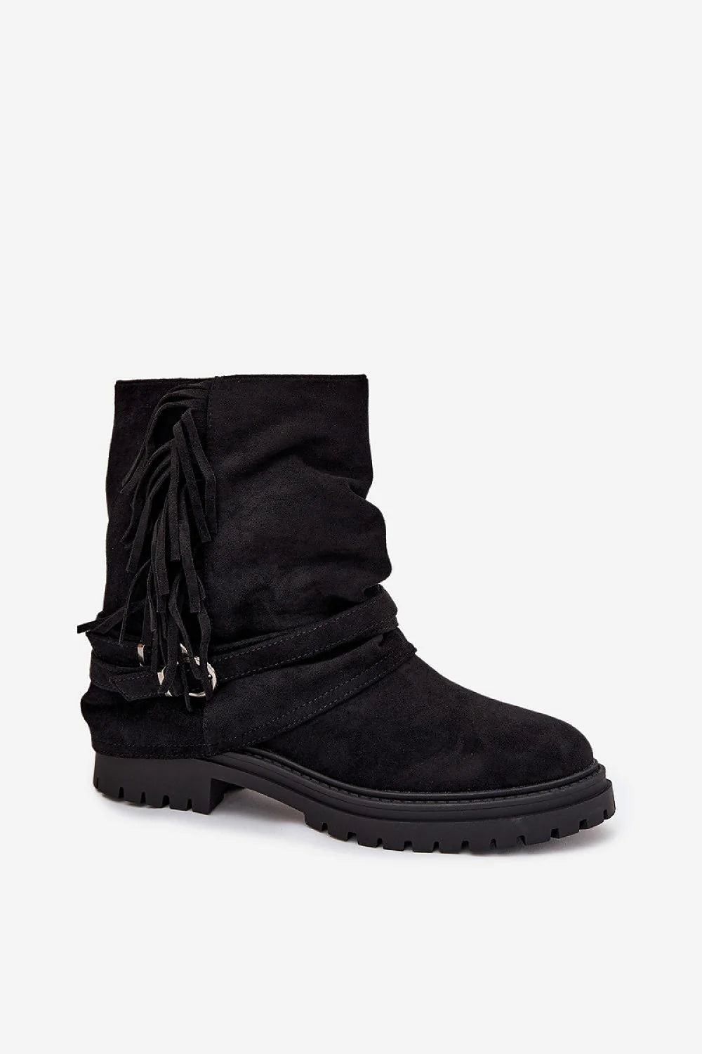 Black suede slouch boots with fringe and buckle straps.