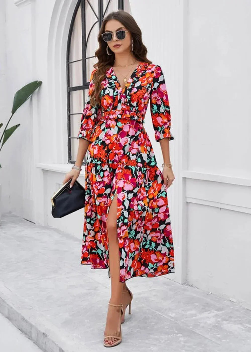 White printed V-neck maxi dress