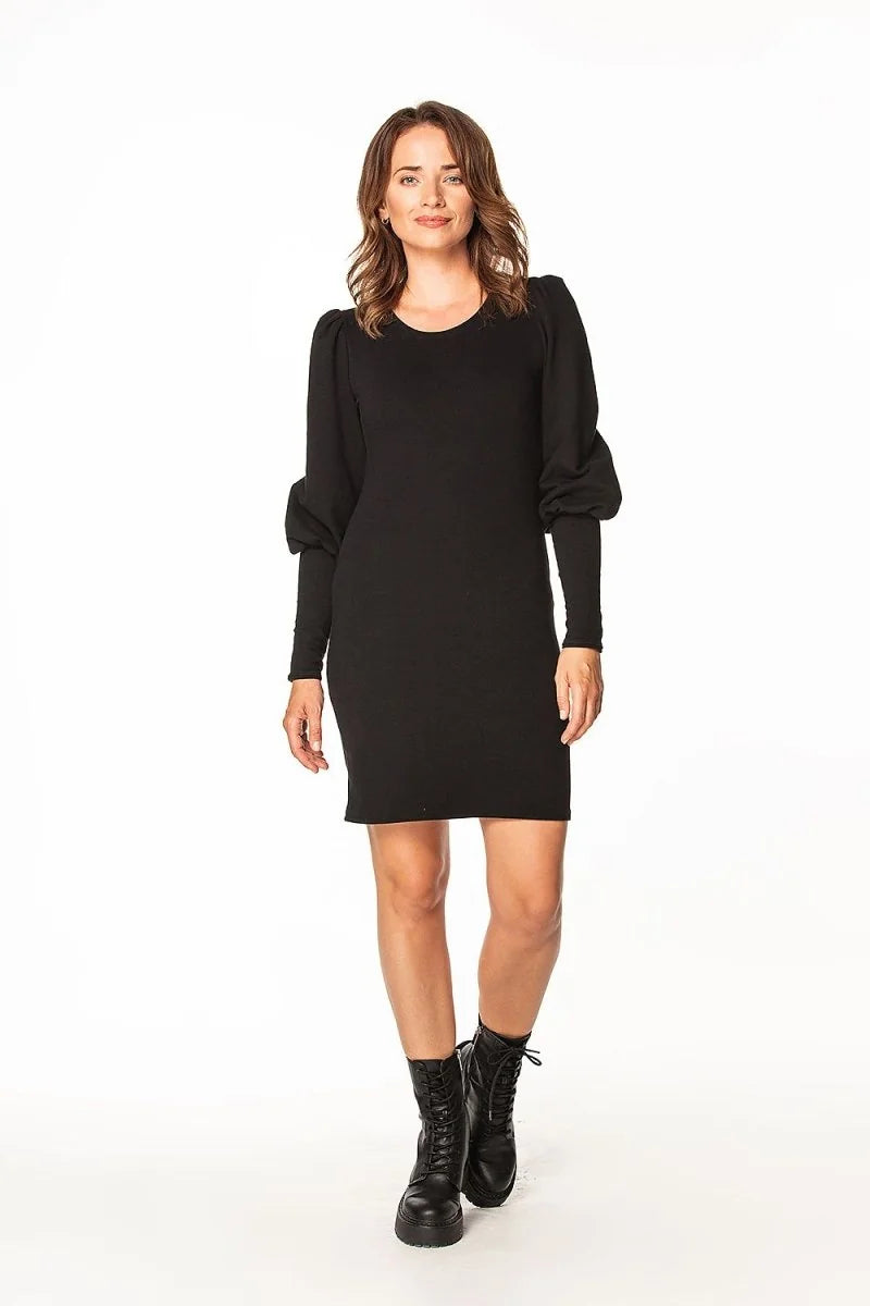 Close-up of buffet sleeves on a black dress