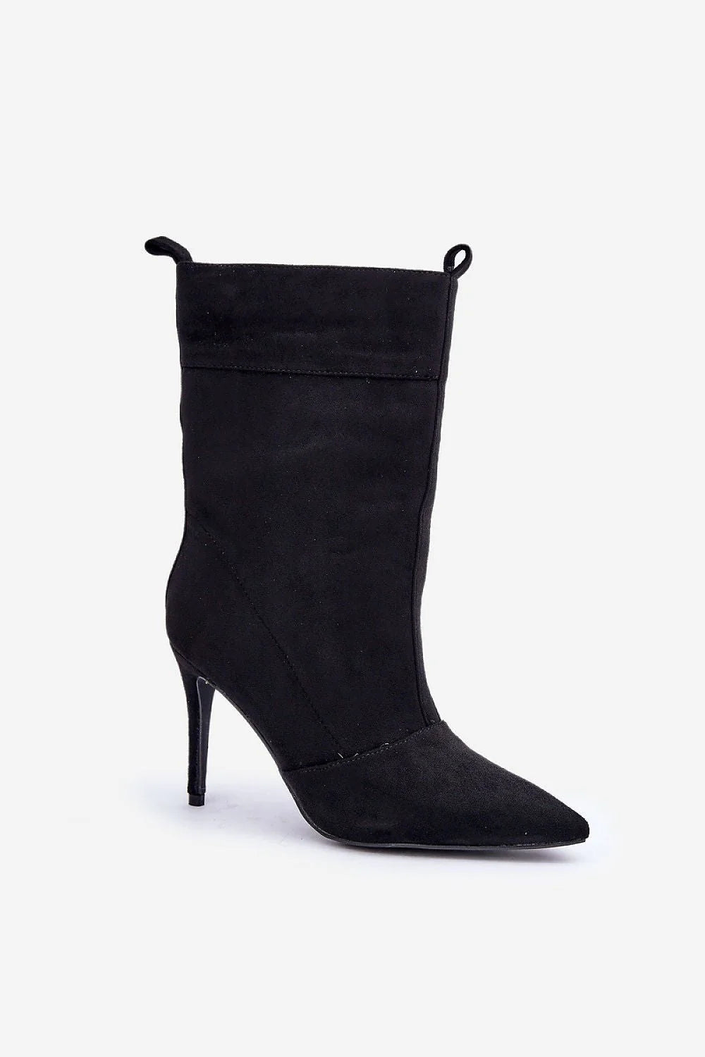 Black pointed-toe stiletto heel boots with a slouchy shaft, on white background.