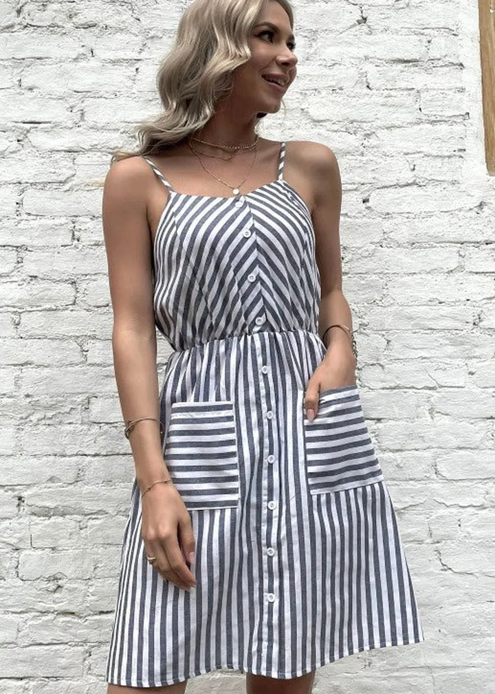 Close-up of grey stripe pattern on dress