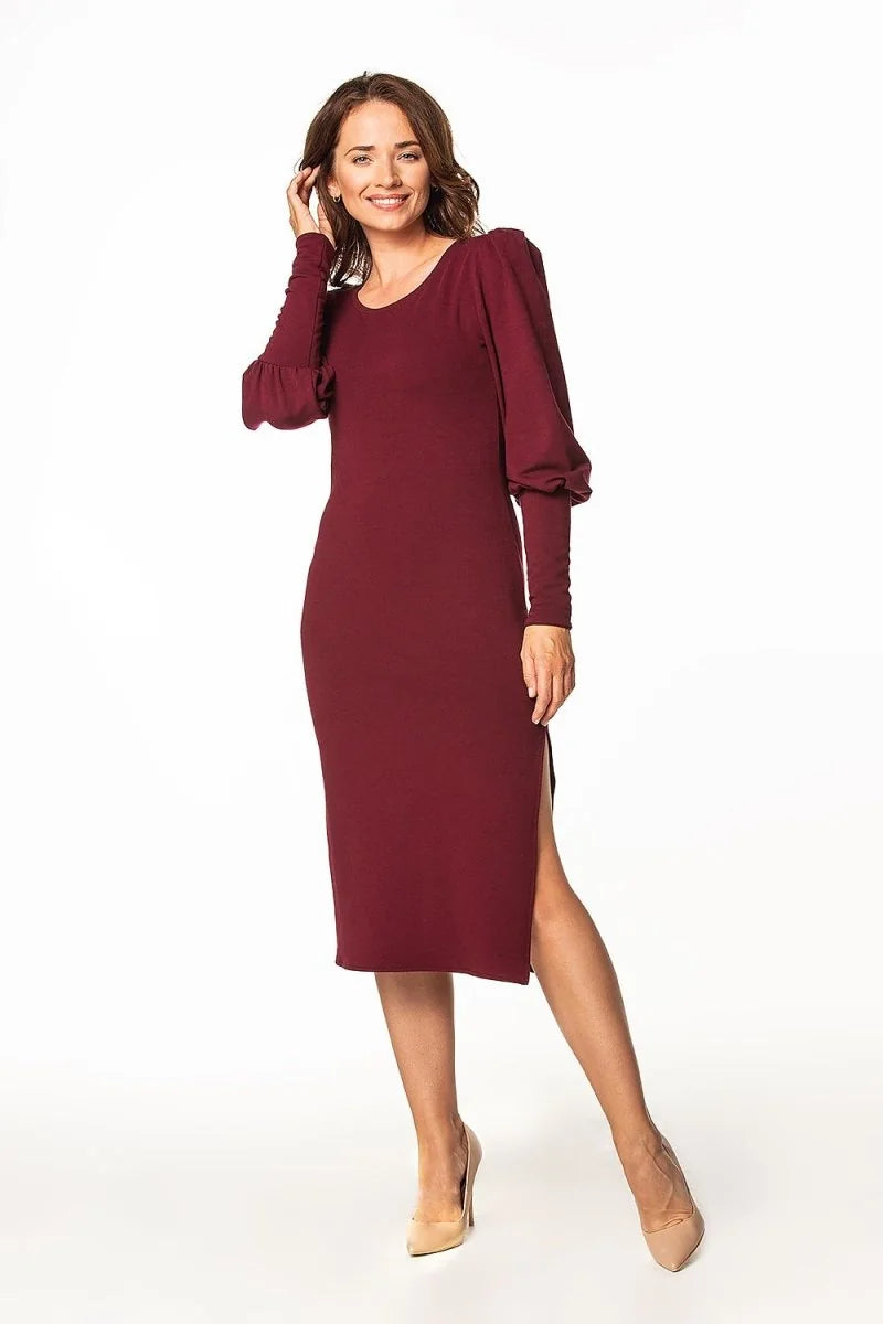 Maroon long-sleeve dress with puff sleeves and a thigh-high slit, worn by a model with nude pumps.