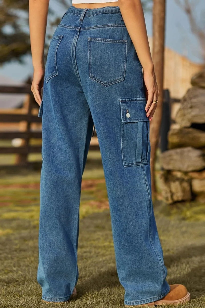 Back view of medium wash denim cargo pants with a regular fit.