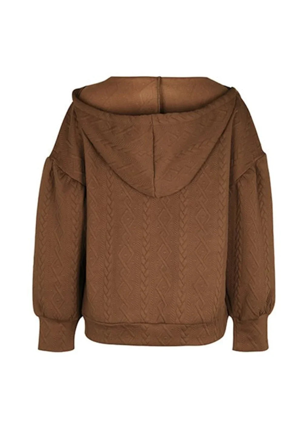 Brown hooded sweatshirt with textured diamond pattern, puffed sleeves, and ribbed cuffs and hem.