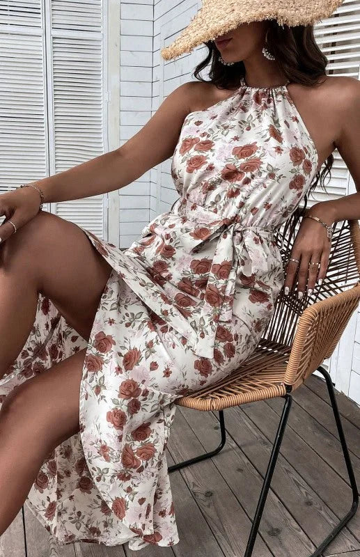 Close-up of floral print on white dress