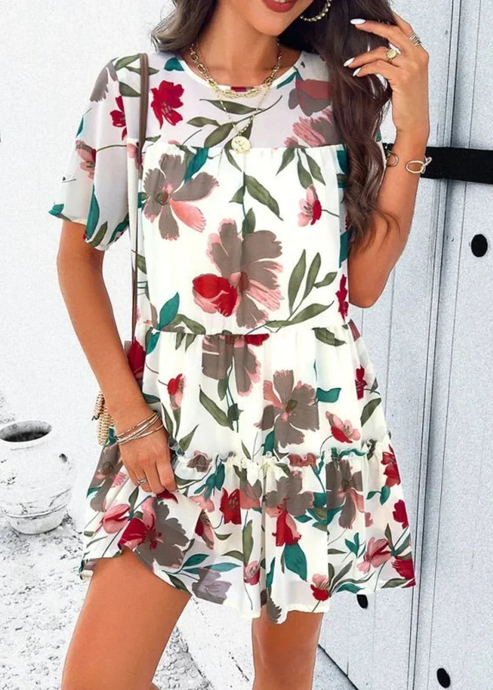 Pink floral print short sleeve dress
