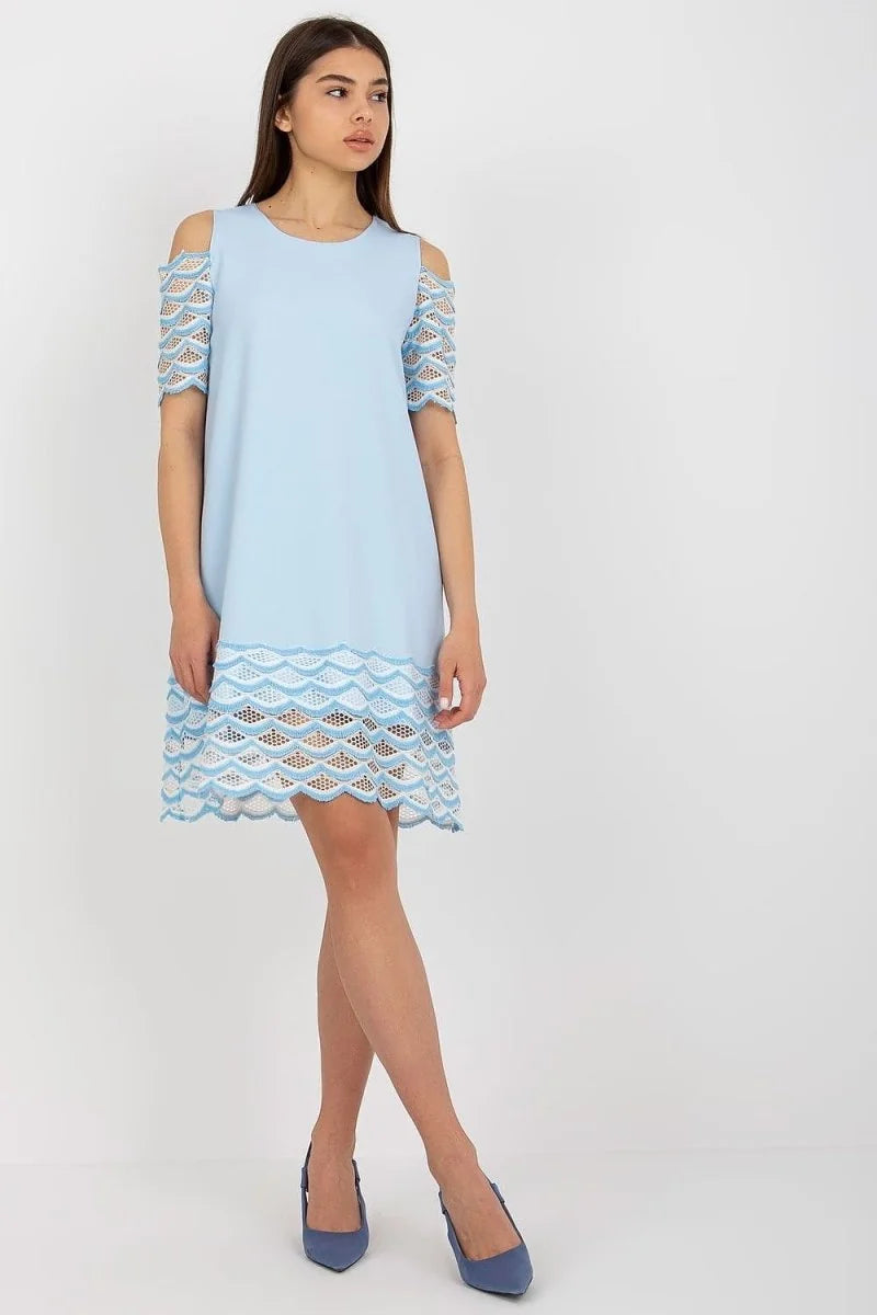 Light blue cold-shoulder dress with white and blue lace trim on sleeves and hem.