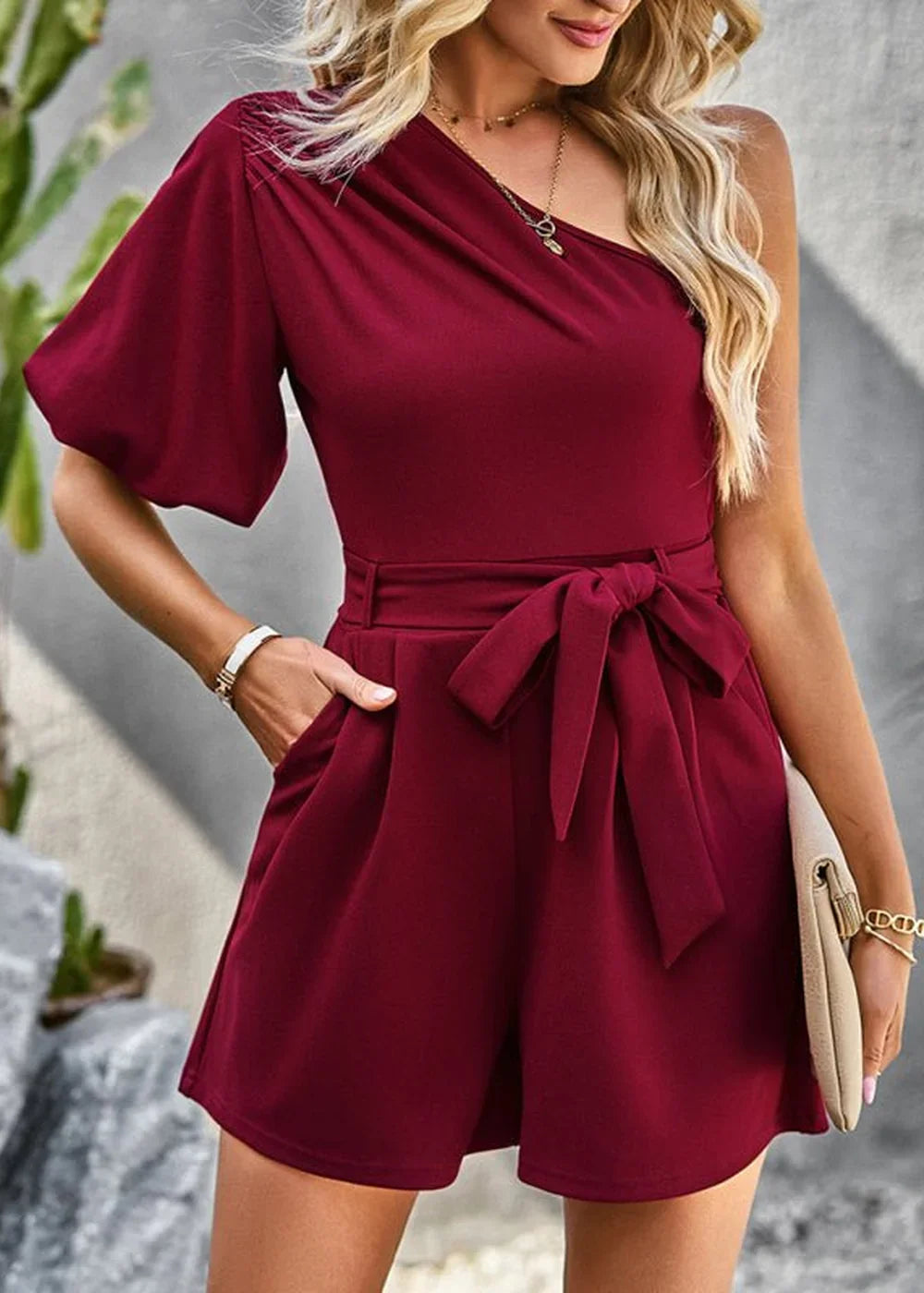 Women's wine red one shoulder romper