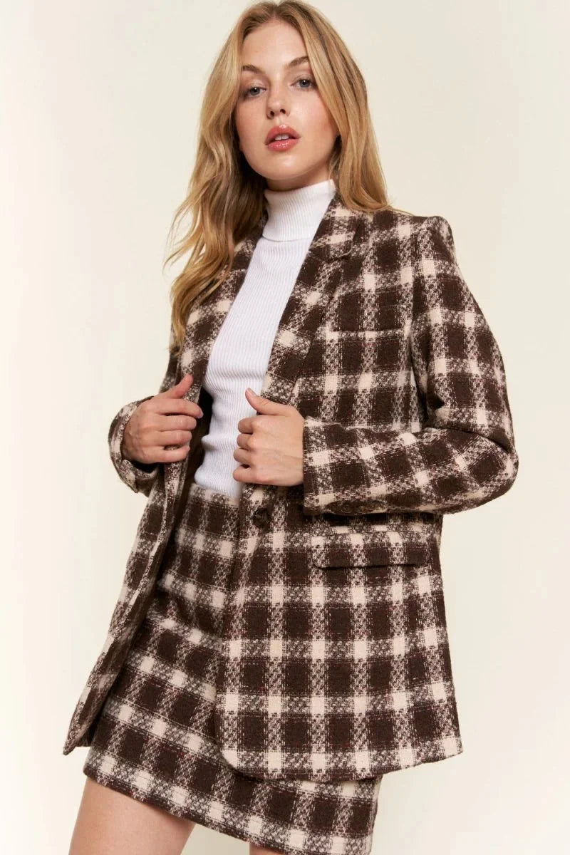 Brown and beige brushed plaid blazer with a classic fit on a model.