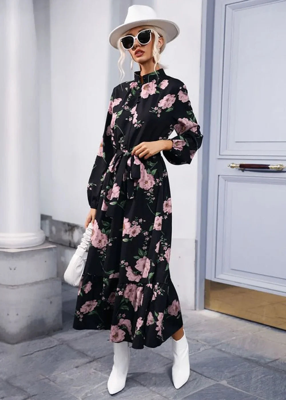 Detail of print on long sleeve maxi dress