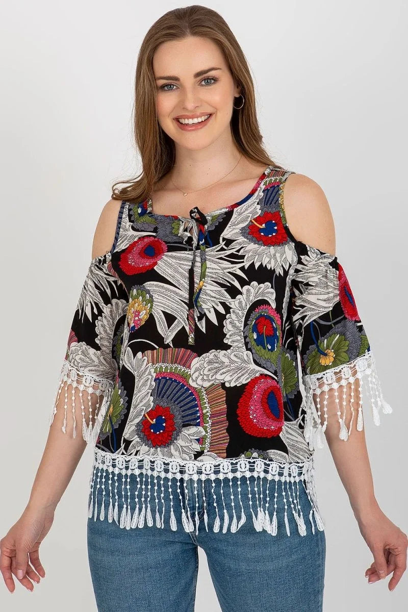 Beige printed blouse with round neckline