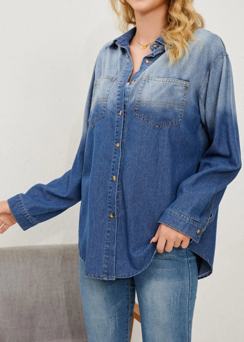 Front view of denim jacket with buttons