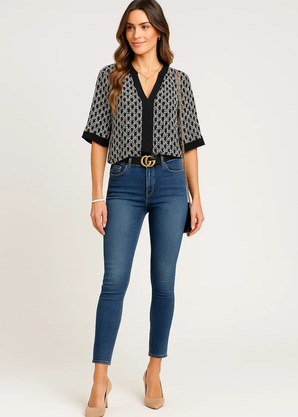 Brown printed short sleeve commuter top