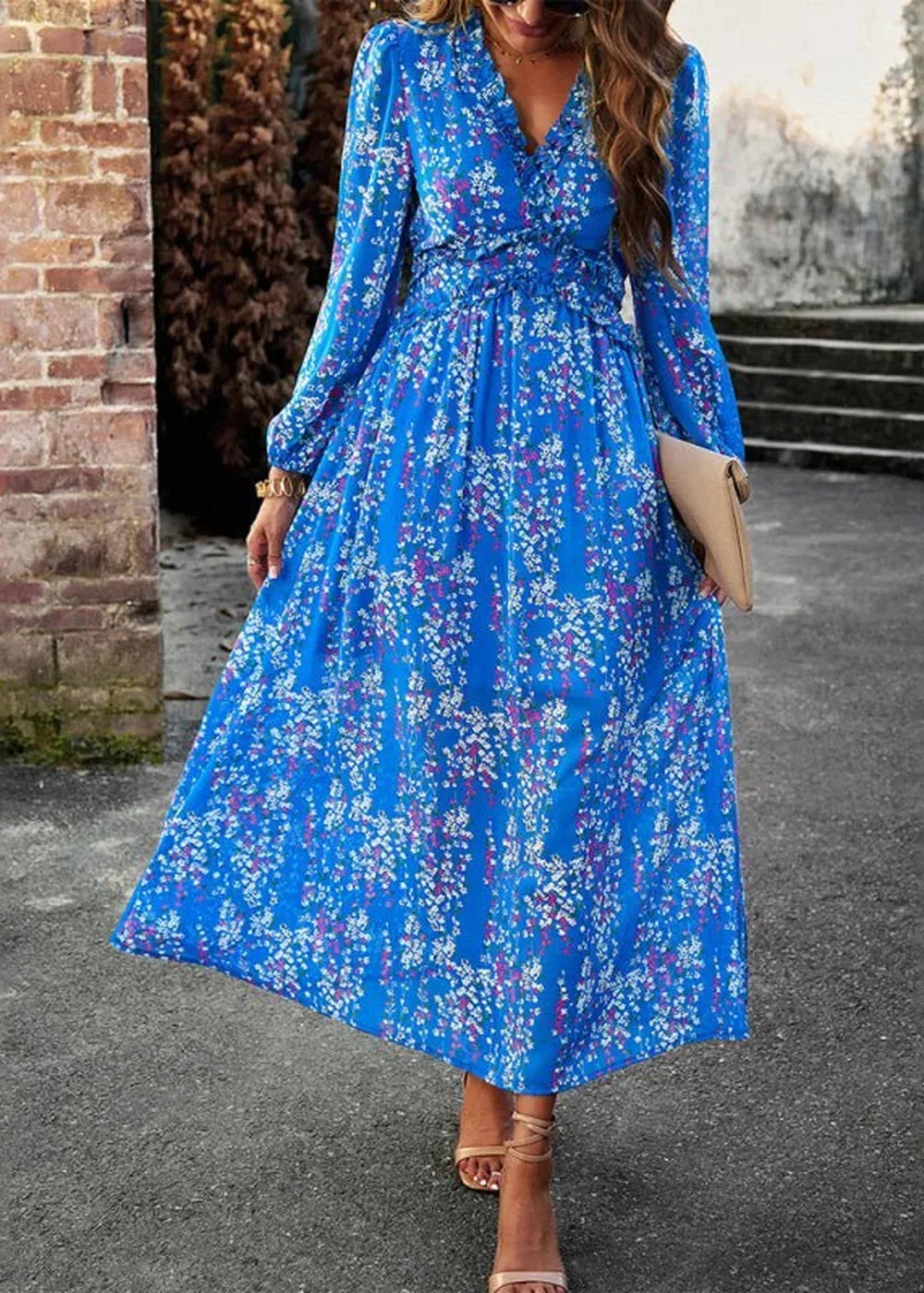 Close-up of the V-neckline on a chiffon dress