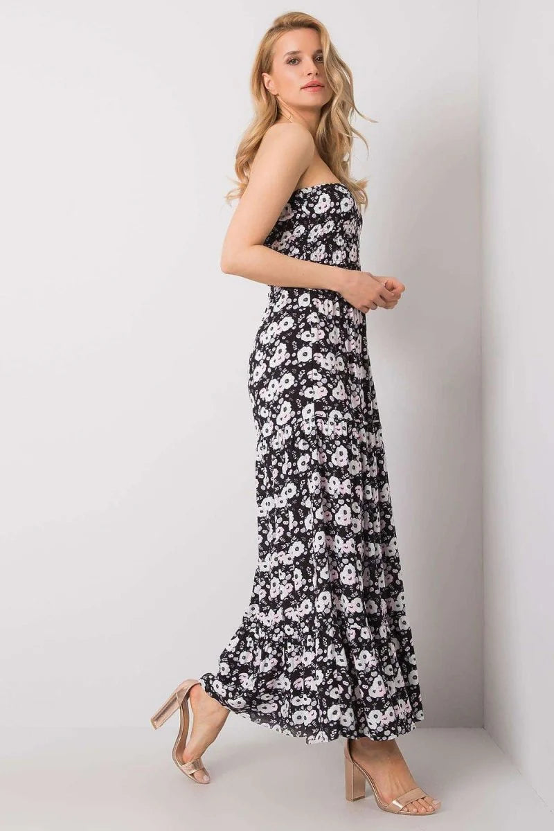 Grey strapless summer dress with ruffle hem