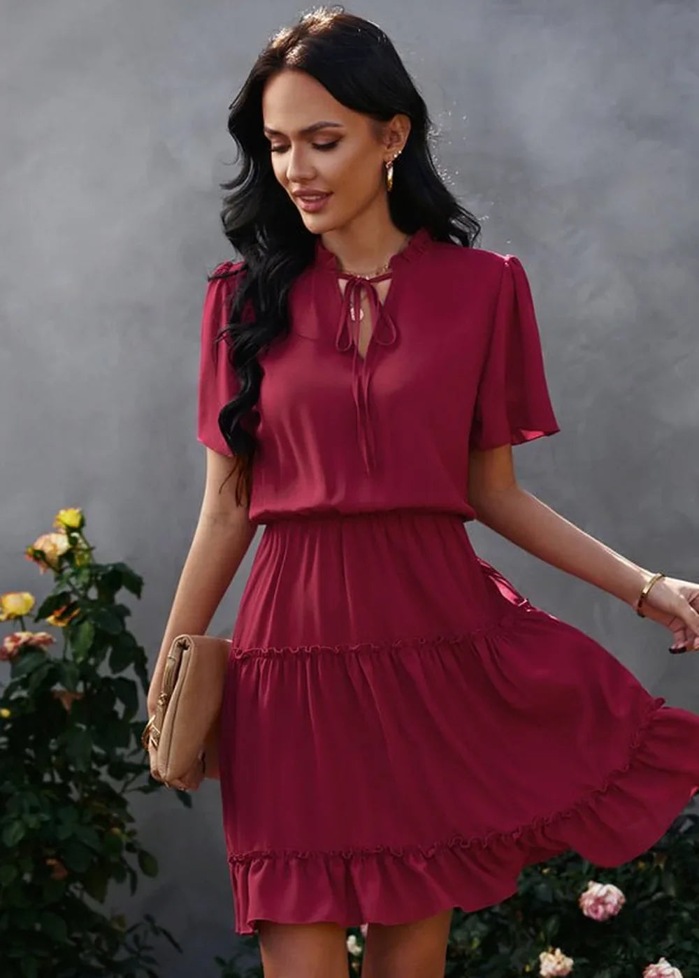 Wine Red high neck ruffle dress