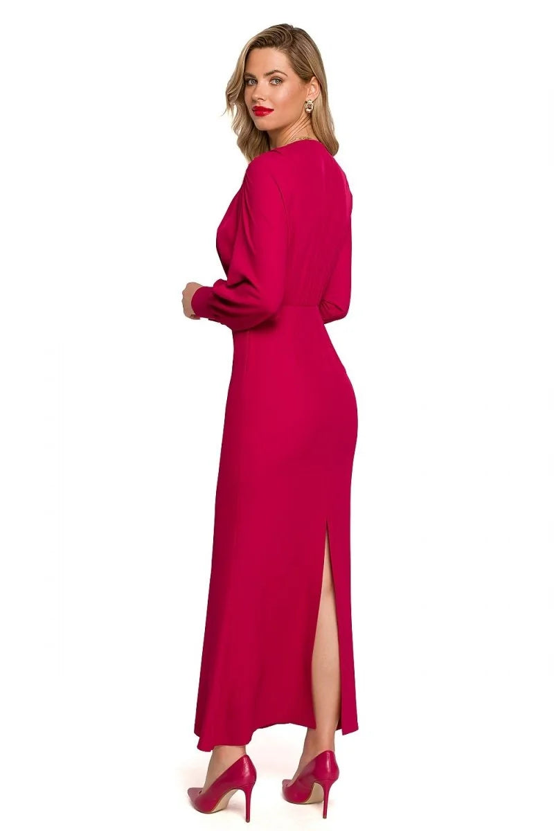 Back view of violet maxi cocktail dress showing slit detail