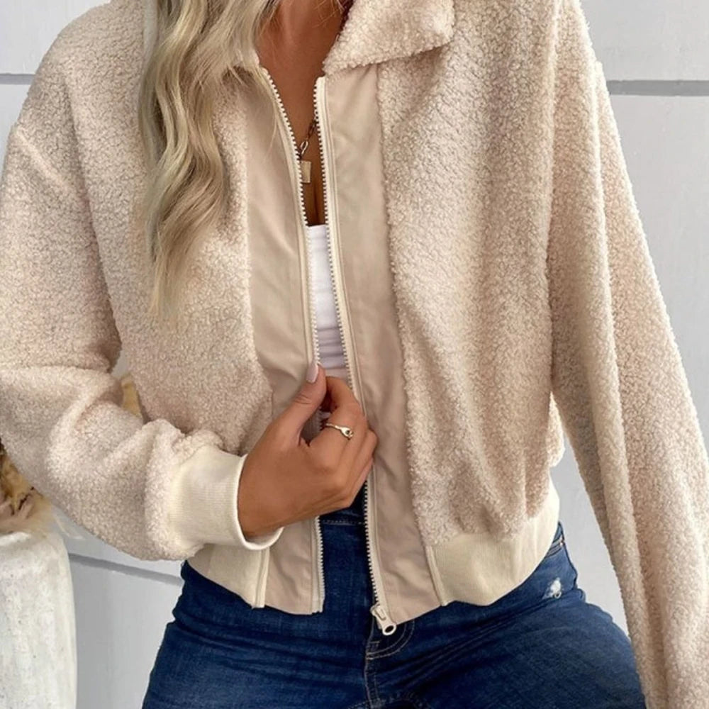 Sherpa Zip-Up Collared Neck Cropped Jacket